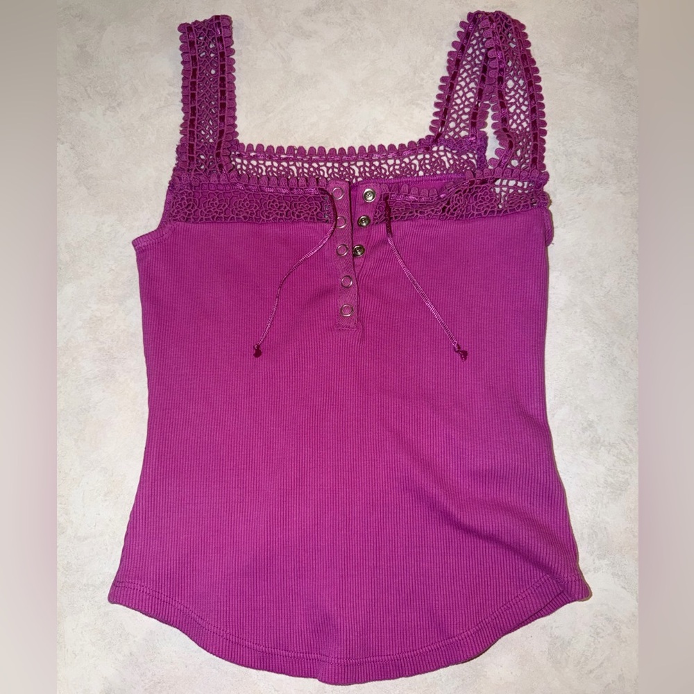 Anthropologie Crochet Trim Tank Top S Pink Square Neck Ribbed Boho Festival Lace